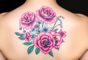 Carnation, Aster,Rose, Lily of the valley, Larkspur, watercolor flowers, middle of back clump together tattoo idea