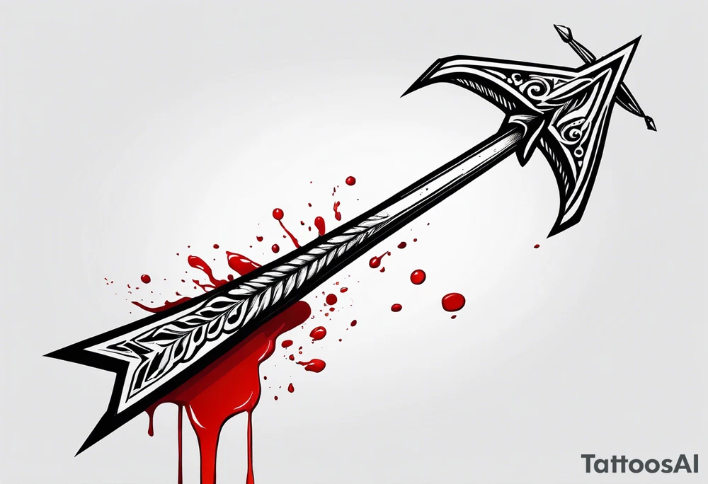 an arrow with only one drip of blood on the tip of it simple line art tattoo idea