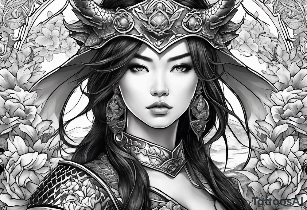 beautiful warrior woman wearing dragon armor and a floral background and a dragon a full picture tattoo idea