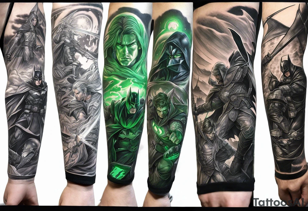 Full arm sleeve tattoo extending from shoulder to wrist featuring the battle of Helms Deep with character such as Anakin Skywalker, Obi Wan Kenobi, Darth Vader, Superman, Batman, Green Lantern, Dark Magician and Blue-Eyes White Dragon from Yu-Gi-Oh!, and Captain America added in to a panned out scenic battle tattoo idea