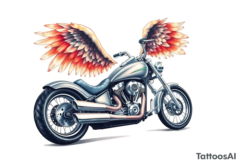 Low rider grey motorcycle, big muffler pipes with flames, angel wings, driving away, no person tattoo idea