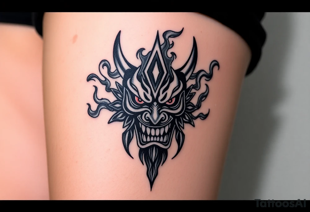 Oni mask surrounded by smoke tattoo idea