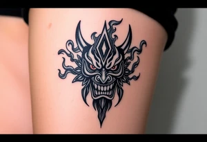Oni mask surrounded by smoke tattoo idea