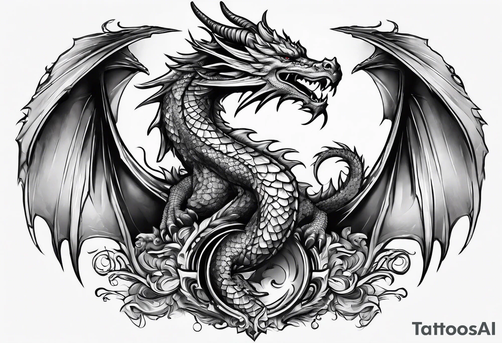 Not scary Dragon broken roman columns tattoo idea