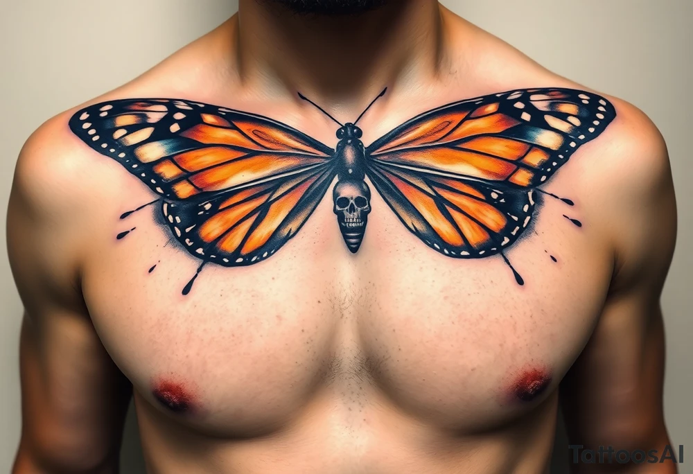 evil powerful majestic and dark monarch butterfly with  graffiti skull detail as the body hidden skulls in wings, skull detail making the body of the butterfly with a horror style effect, including blue,  orange and white colouring
placement on chest at collarbone tattoo idea
