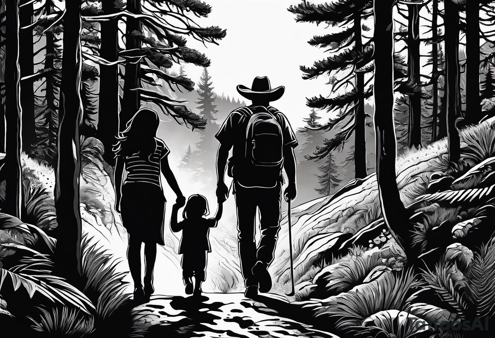 A shadow of a father and wife and young son and young daughter  of four walking through the Pacific Northwest Forrest. Mexican art. Trust in God tattoo idea