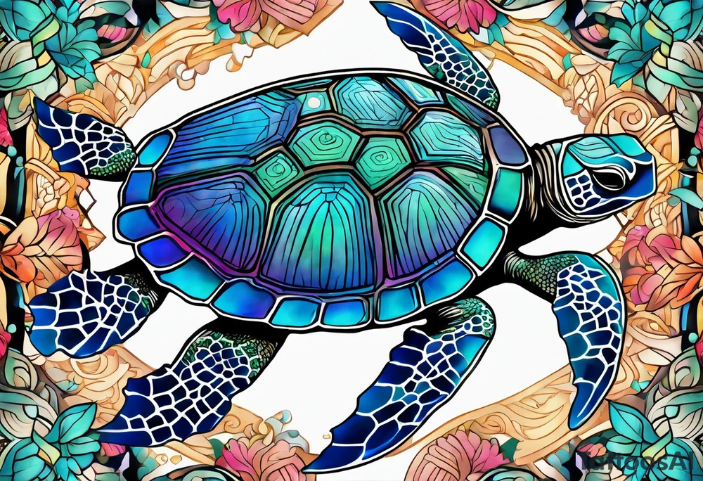 tropical psychedelic turtle, aerial view, from above, high perspective tattoo idea