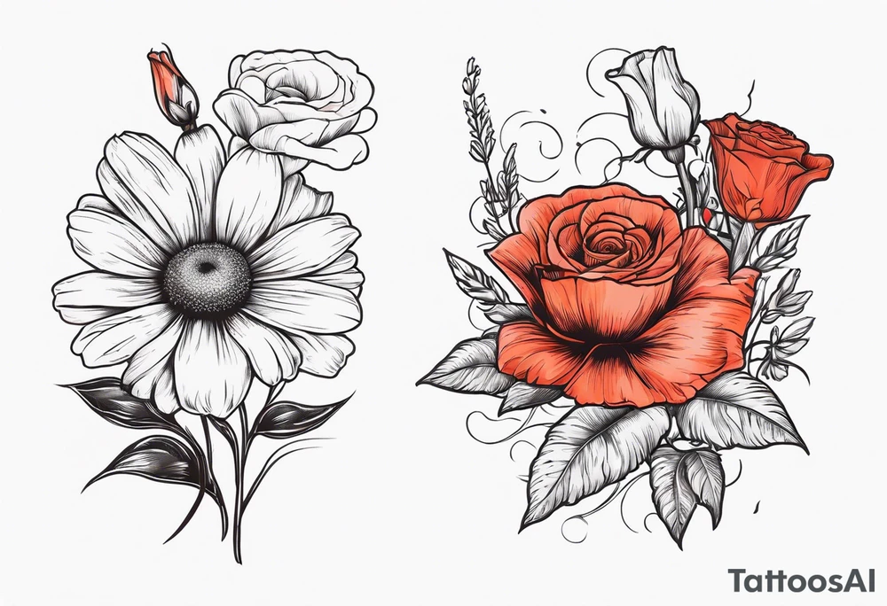 A vintage vertical design of a daisy and a rose with gladiolus flowers and poppies weaving through the daisy and rose tattoo idea