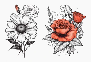 A vintage vertical design of a daisy and a rose with gladiolus flowers and poppies weaving through the daisy and rose tattoo idea
