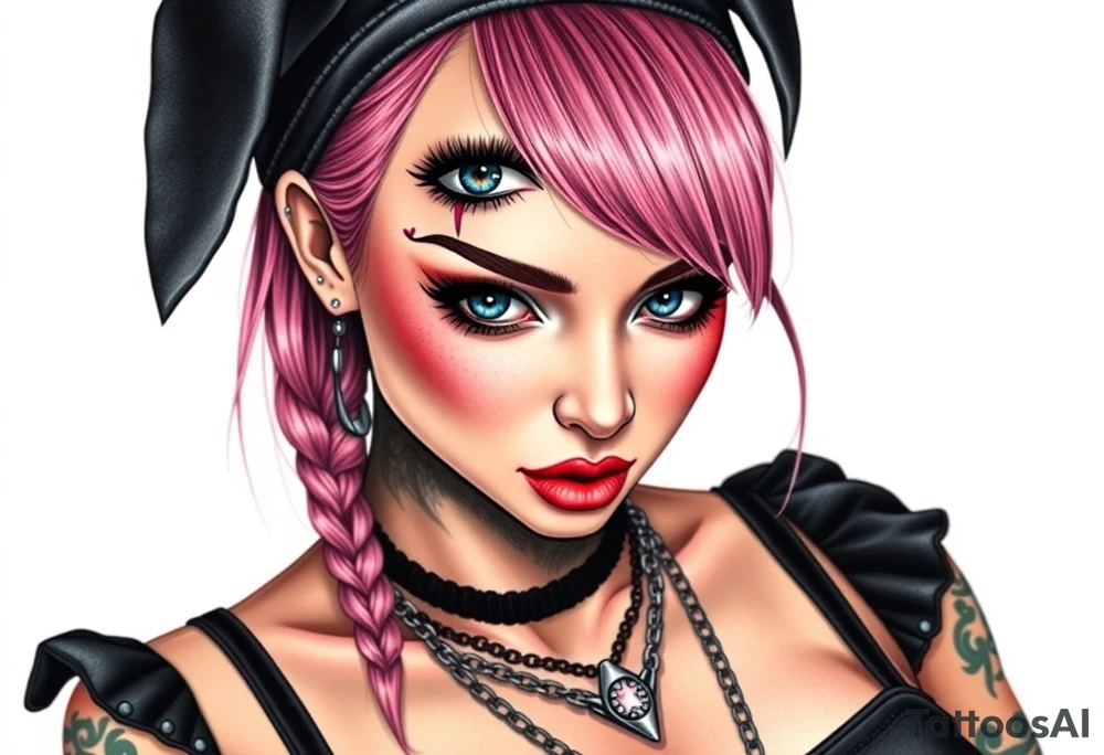 hot goth girl with puppy ears and with piercings on face and big boobs and big butt full body 
 with black outfit on with pink hair tattoo idea