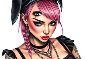 hot goth girl with puppy ears and with piercings on face and big boobs and big butt full body 
 with black outfit on with pink hair tattoo idea