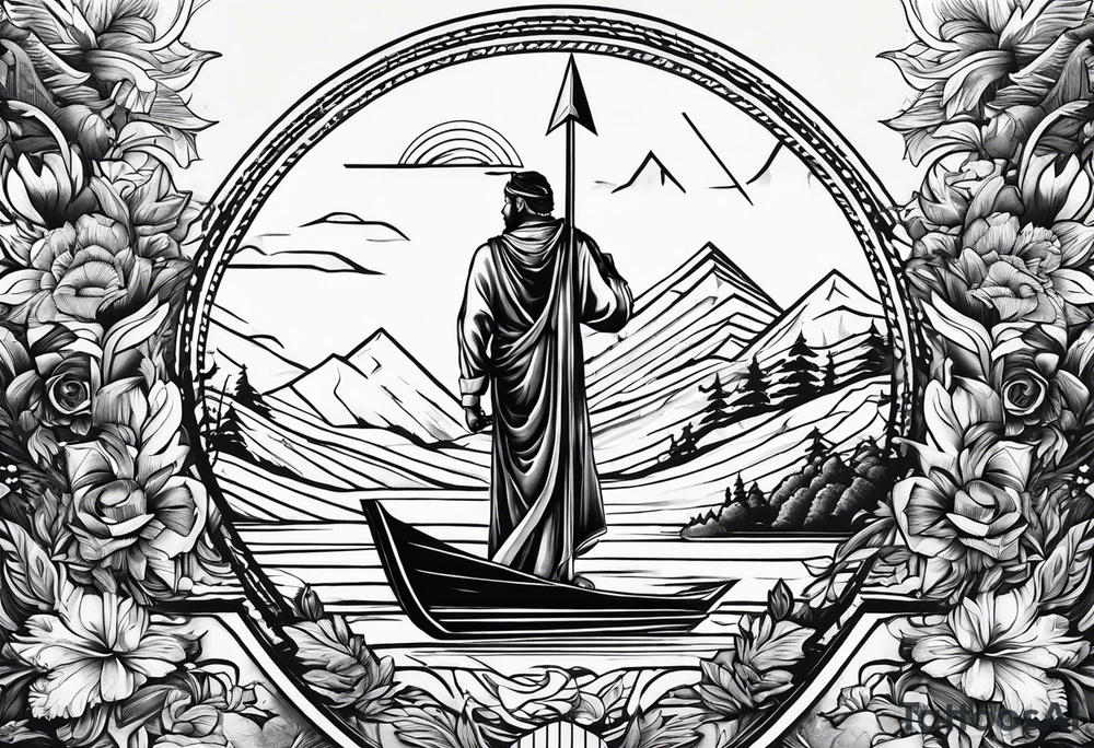 Representation of God underneath an up arrow to the left of an image of a man above a down arrow. tattoo idea