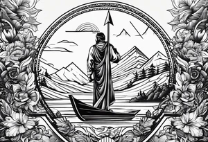Representation of God underneath an up arrow to the left of an image of a man above a down arrow. tattoo idea