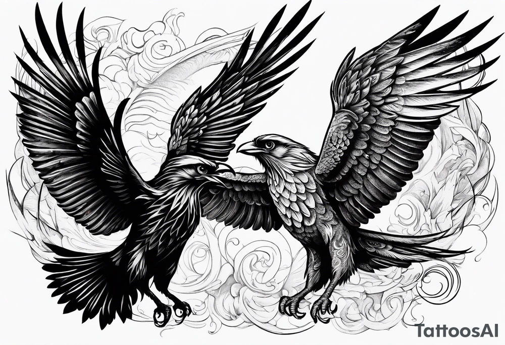 Pheonix and raven fighting with owl flying in at them tattoo idea