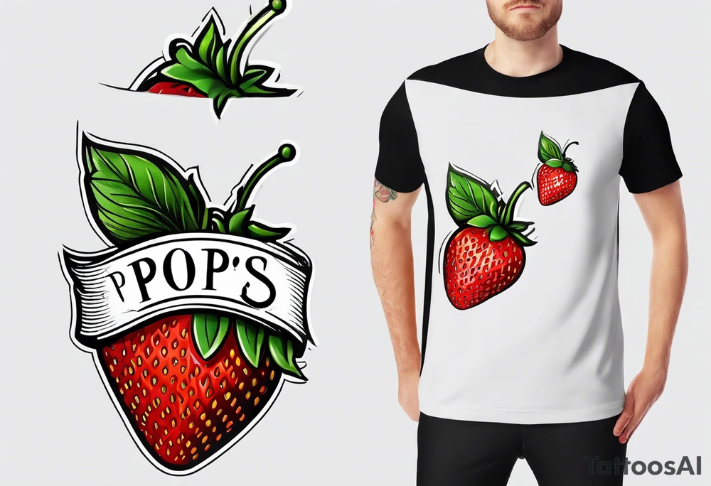 simple single  Strawberry with banner across it that says Pops tattoo idea