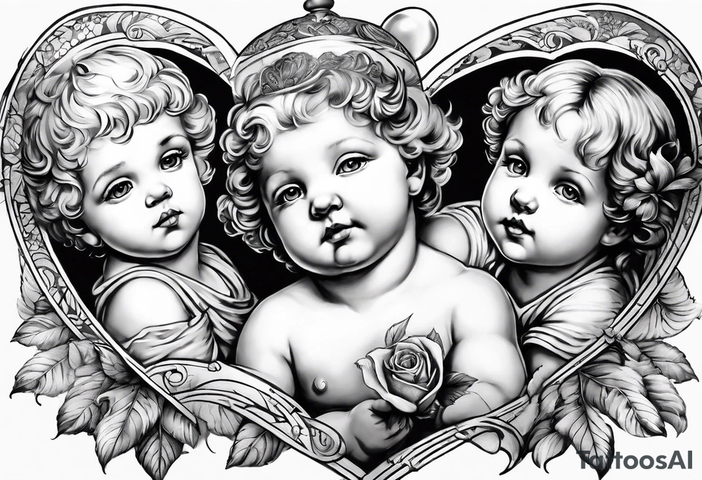 3 cherubs that look realistic, not cartoony. one of them is a girl holding a balloon, one is a boy holding a money bag, one is a girl hugging a heart. make them all separated tattoo idea