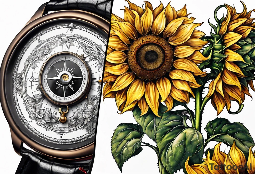 Sunflower next to a compass tattoo idea