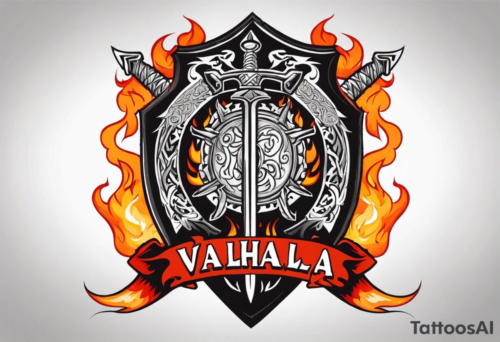 Valhalla on fire shield sword tattoo idea