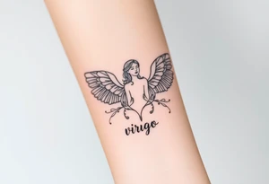 A divine woman with  wings made of delicate lace and vines, symbolizing Virgo’s purity and the word virgo tattoo idea