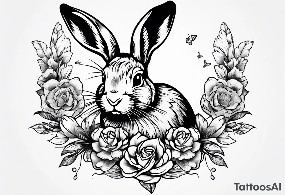 Rabbit head and flowers tattoo idea