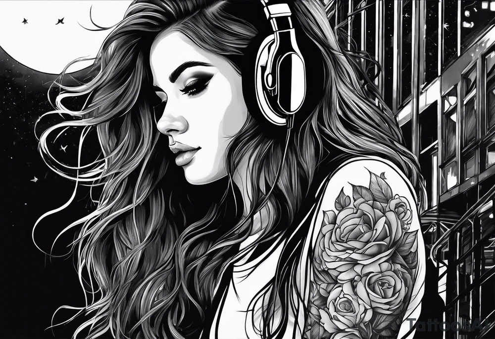 a girl listening to music with over the ear headphones along a dark road at night showing her shadow tattoo idea