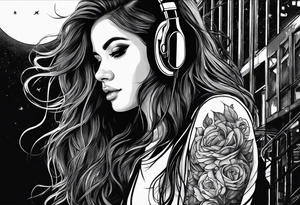 a girl listening to music with over the ear headphones along a dark road at night showing her shadow tattoo idea