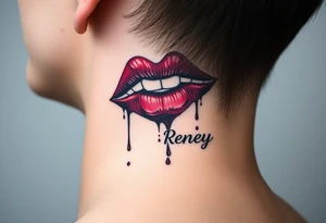Seductive Stain from lipstick kiss with name Reney lowercase with drool tattoo idea
