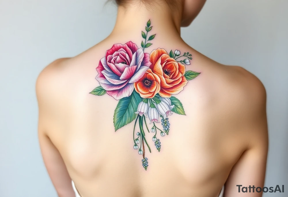 Bouquet of flowers with a carnation, rose, Lily of the valley, delphinium with stems going down Spine tattoo idea