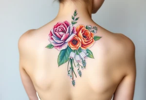 Bouquet of flowers with a carnation, rose, Lily of the valley, delphinium with stems going down Spine tattoo idea