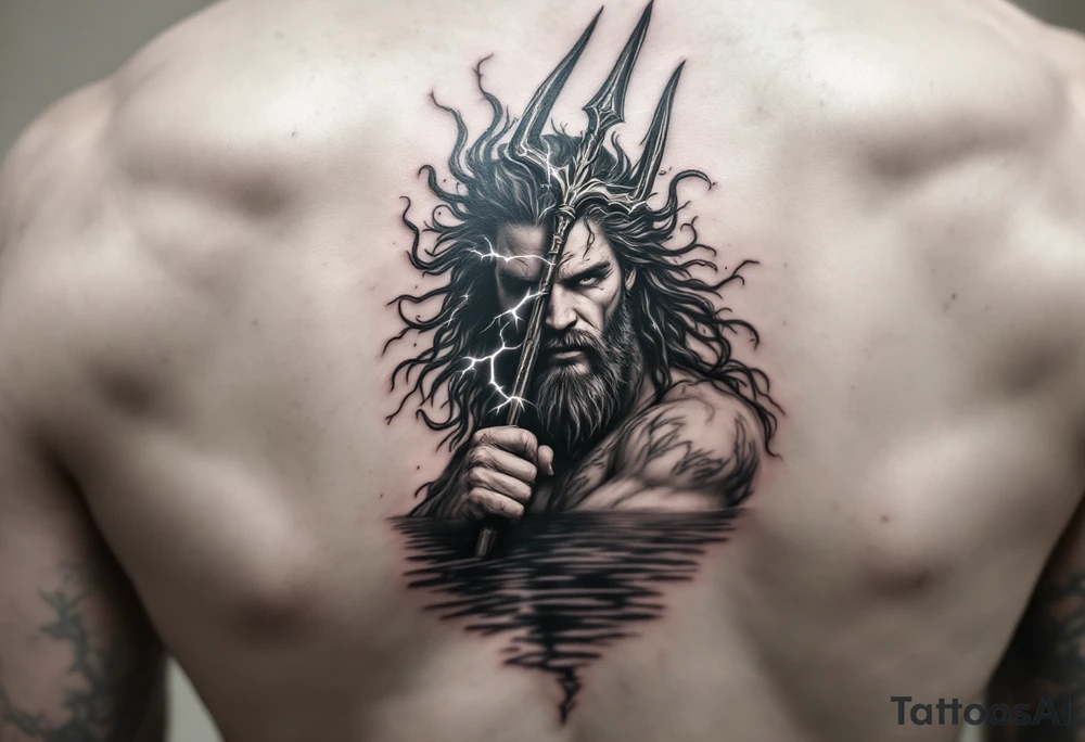 fit poseidon, behind a trident, with lightning, in calm water tattoo idea