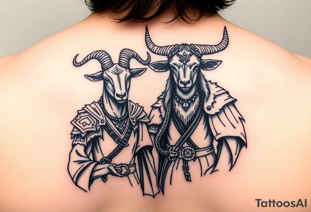 Feminine goat and ox dressed up as warriors tattoo idea