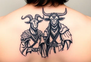 Feminine goat and ox dressed up as warriors tattoo idea
