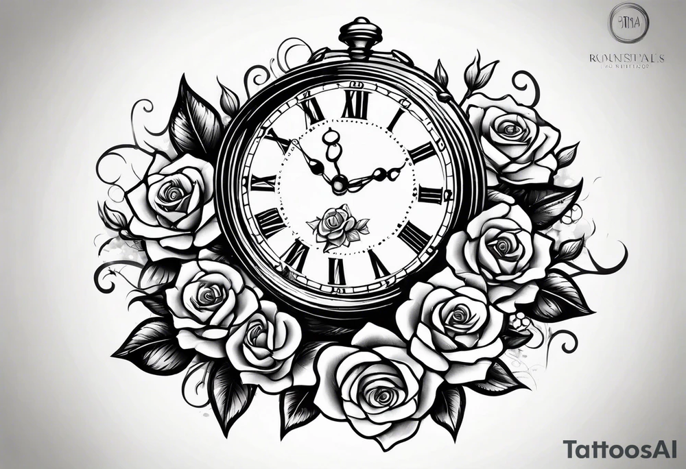 Pocket clock with chain and roses tattoo idea