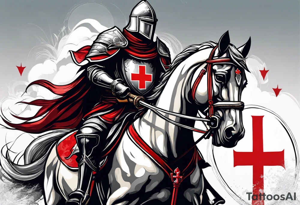 Templer knight on horse with sword and shield with red cross tattoo idea