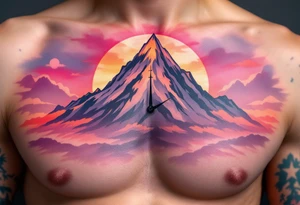 A mountain peak forming the numbers of a clock, bathed in sunrise pinks and purples, representing the climb through life’s challenges. tattoo idea