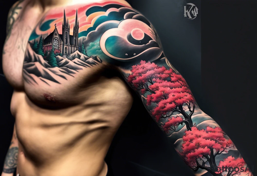 Full arm sleeve with multiple elements blended together. I want the Duke university chapel , cherry tree elements , red clouds from akatski , naruto , Atl skyline and captain C tattoo idea