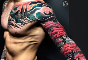 Full arm sleeve with multiple elements blended together. I want the Duke university chapel , cherry tree elements , red clouds from akatski , naruto , Atl skyline and captain C tattoo idea