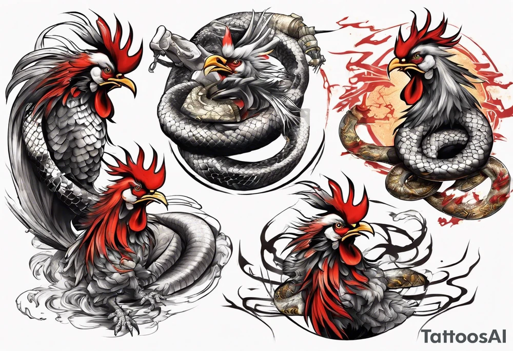 Samurai rooster fighting a snake tattoo idea