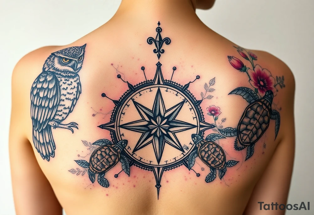 Full back owl on left shoulder flowers on right 3 turtles down spine use antique compass rose overlaid everywhere else tattoo idea