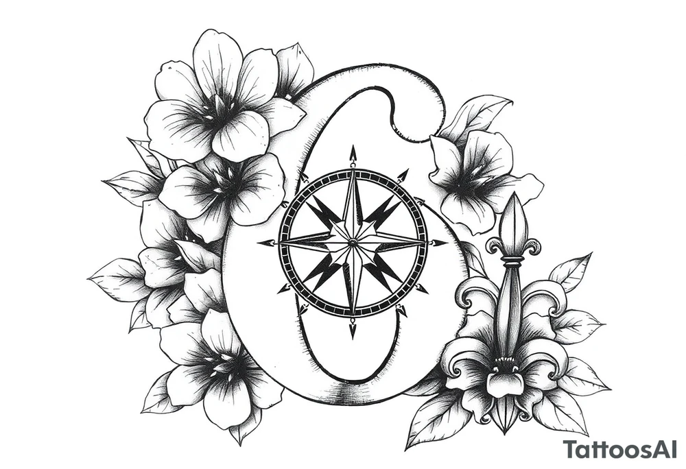 number 6 with flowers surrounding it and a nautical compass and fleur des lis tattoo idea