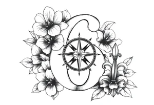 number 6 with flowers surrounding it and a nautical compass and fleur des lis tattoo idea