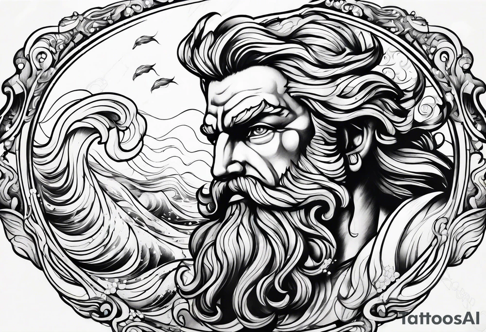 poseidon with waves close up tattoo idea
