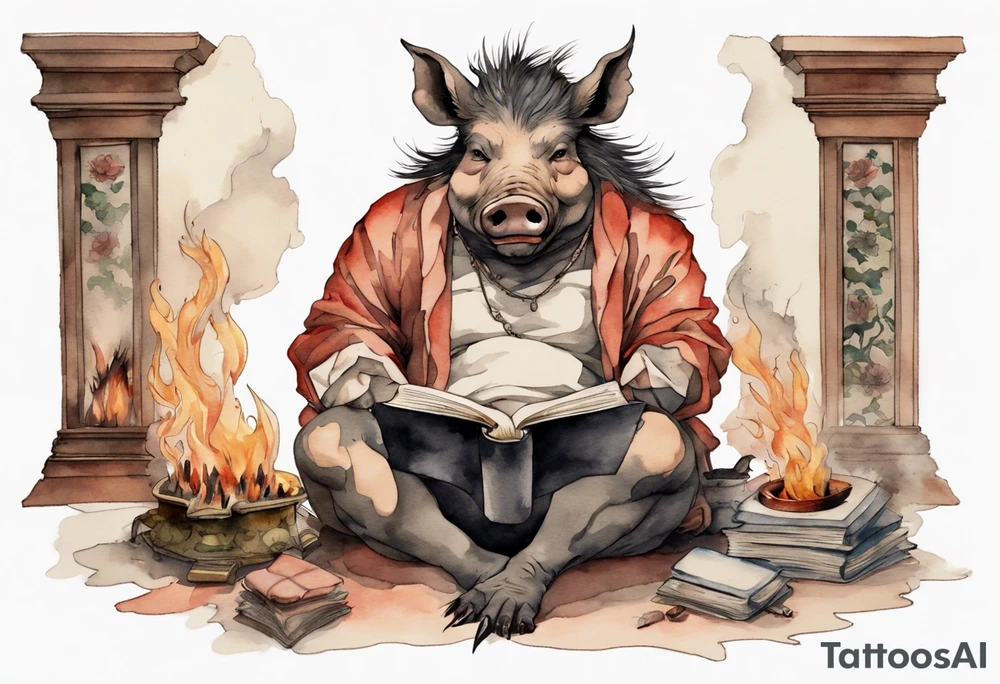 an boar with tusks sitting by a fireplace reading a book tattoo idea