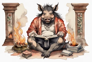 an boar with tusks sitting by a fireplace reading a book tattoo idea