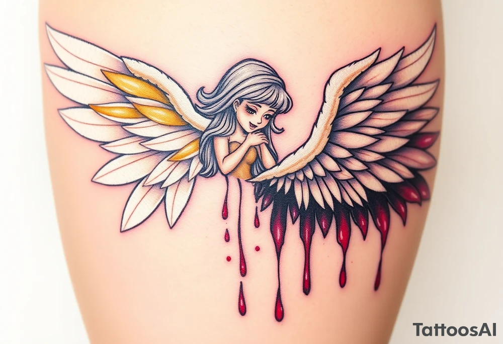 angel, with brilliant white wings that shine with golden accents ageinst fallen angel, whose wings are tattered and darkened with deep purples, reds, and blacks, dripping with sorrowful tears of blood. tattoo idea