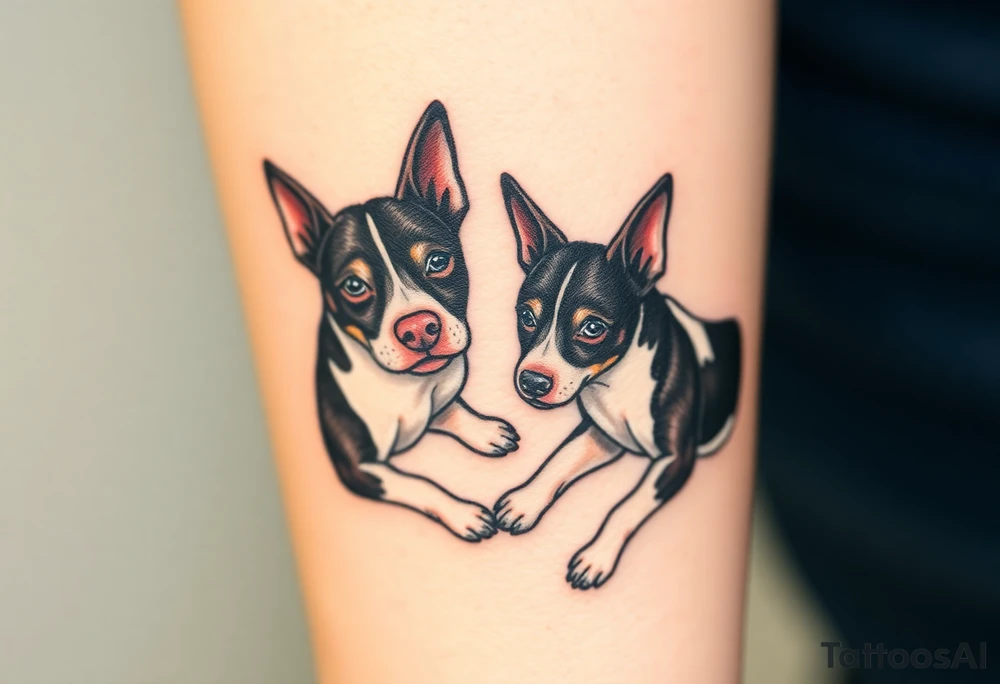 rednose pitbull and black and white blue heeler dogs playing together tattoo idea