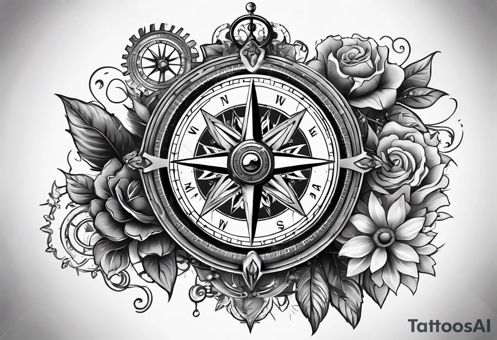 A Vintage compass with gears and marigold flower behind it. tattoo idea