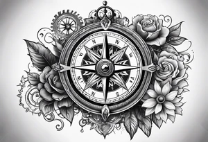 A Vintage compass with gears and marigold flower behind it. tattoo idea