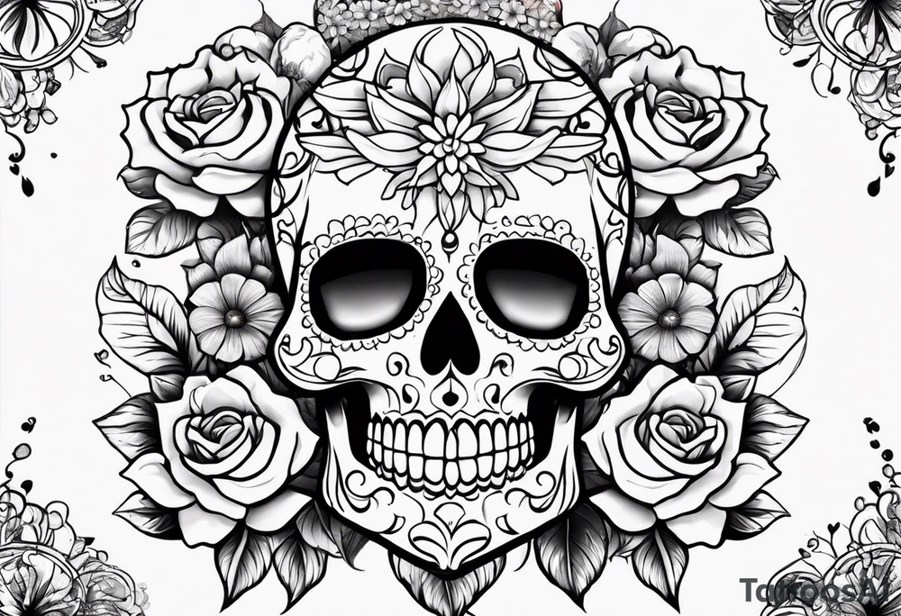 Sugar skull with roses daisies and water lilies for half sleeve shoulder and upper arm tattoo idea