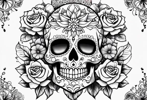 Sugar skull with roses daisies and water lilies for half sleeve shoulder and upper arm tattoo idea
